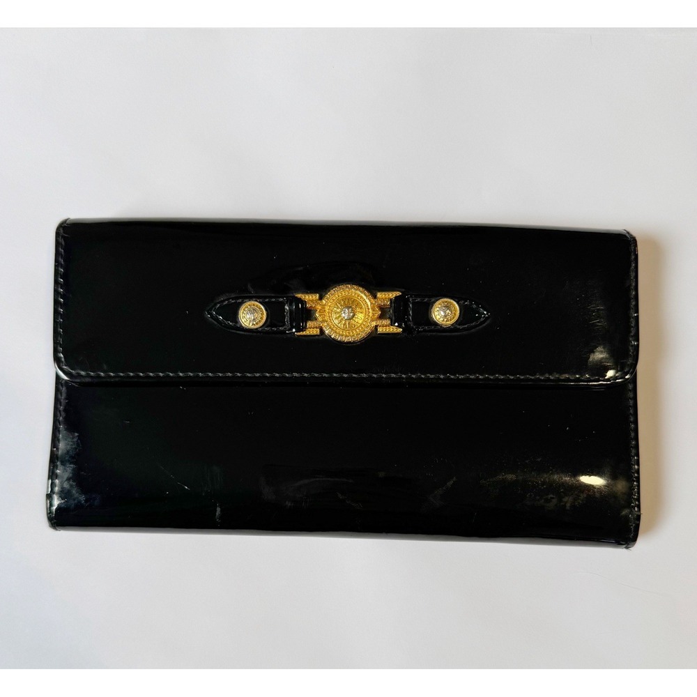 Versace Black Patent Leather Gold Medusa Wallet Clutch Italy